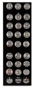 COLLINGWOOD: A collection of twenty-seven button badges (condition issues) nailed on to a display board; players include Peter Daicos, Tony Shaw, and Leigh Matthews; together with a signed timber Magpies mascot display (height 87cm), and one other. (3 ite - 2