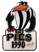 COLLINGWOOD: A collection of twenty-seven button badges (condition issues) nailed on to a display board; players include Peter Daicos, Tony Shaw, and Leigh Matthews; together with a signed timber Magpies mascot display (height 87cm), and one other. (3 ite - 3