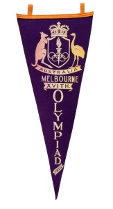 MELBOURNE 1956 OLYMPICS pennant, "MELBOURNE XVITH OLYMPIAD 1956" screen printed on purple felt with orange felt top edge. This is a format we have not previously noted. Exceptional condition.