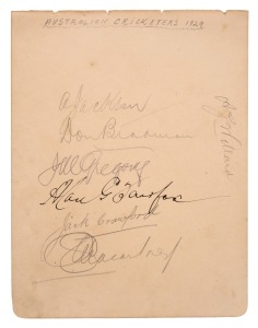 An autograph page dated 1929 and featuring Australian cricketers of the 1928-29 season: DON BRADMAN, Archie Jackson, Jim Gregory, Alan Fairfax and Charlie Macartney. The page also features the original signatures of Australian tennis greats, Jack Crawford and Jim Willard. It was during the January 1929 Sheffield Shield match that Bradman made his record 452 not out against Queensland.