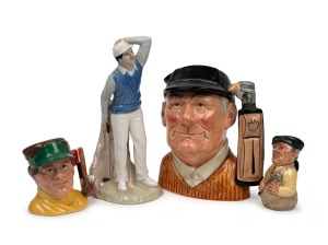 ROYAL DOULTON: A group of golf ceramics comprising 1970 D6623 "Golfer", 1985 D6740 "The Golfer", 1988 HN2992 "Golfer", and 1990 D6865 "The Golfer"; the tallest 24cm. (4 items)