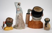 ROYAL DOULTON: A group of golf ceramics comprising 1970 D6623 "Golfer", 1985 D6740 "The Golfer", 1988 HN2992 "Golfer", and 1990 D6865 "The Golfer"; the tallest 24cm. (4 items) - 2