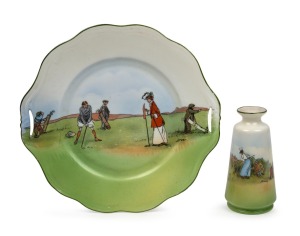 GOLF CERAMICS: An early-20th century plate and vase by Schwarzburg, both featuring polychrome transfers after artworks by Michael Brown; the plate 24.5cm wide and stamped "Schwarzburg" to the base; the vase 13cm tall. (2 items)