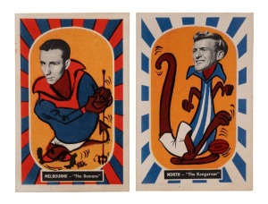1957 Kornies Footballer - Mascot cards: No.1 - Bob Johnson - Melbourne; and No.5 - Jack Edwards - North Melbourne. Superb condition. (2).
