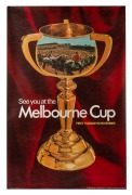 "See you at the MELBOURNE CUP First Tuesday in November" Circa 1969-70, a striking promotional travel poster for the Melbourne Cup, produced by the Victorian Ministry of Tourism and printed by C.H. Rixon, Government Printer, Melbourne. Featuring the famou