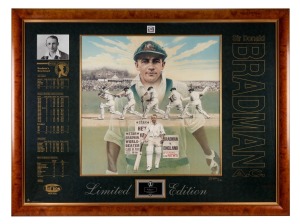 "A TRIBUTE TO THE DON, 1908-2001" limited edition giclee print 19/99, remastered from the original artwork by Brian Clinton, bearing the original signature of Sir Don Bradman, framed and mounted with an accompanying framed certificate of authenticity, an impressive 118 x 158cm overall.