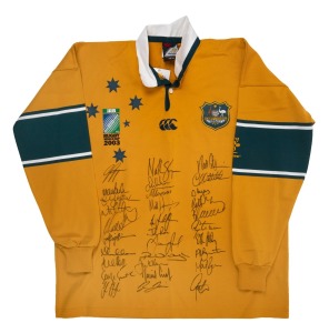 WALLABIES - 2003 WORLD CUP: Official commemorative long-sleeved rugby jumper, issued to coach Eddie Jones, with thirty-one original signatures including those of George Gregan, Stephen Larkham, George Smith, and Eddie Jones; size 2XL.