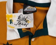 WALLABIES - 2003 WORLD CUP: Official commemorative long-sleeved rugby jumper, issued to coach Eddie Jones, with thirty-one original signatures including those of George Gregan, Stephen Larkham, George Smith, and Eddie Jones; size 2XL. - 3