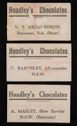 1928 Hoadley's Chocolates "Cricketers" Series, a part set (18/33) including a'Beckett, Bardsley, Blackie, Ellis, Jackson, Kippax, Mailey, Oxenham, Richardson and Ryder; mixed condition. - 2