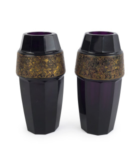 MOSER pair of Secessionist art glass mantle vases with gilt classical friezes, early 20th century, engraved "MOSER KARLSBAD", 27.5cm high.
