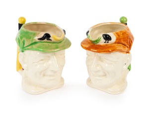 Pair of smaller-type 1936 Don Bradman toby jugs, likely manufactured by Marutomo Ware, both green and brown cap variants; height 10cm. (2 items)