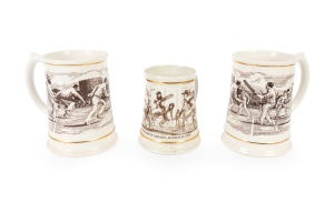 Group of Franklin Porcelain commemorative tankards, comprising 1982 "The Ashes (Centenary) Tankard" (2), and 1985 "World Championship of Cricket, Australia". (3 items)