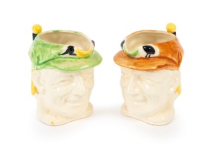 Pair of smaller-type 1936 Don Bradman toby jugs, manufactured by Marutomo Ware, both green and brown cap variants; height 10cm. (2 items)