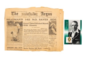 DON BRADMAN signature on Bradman postcard; together with a 1946 copy of the Melbourne Argus newspaper "Bradman's 162 Not Out Saves Side".