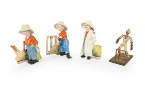 Three E.P. Kinsella-type ceramic figurines, comprising "The Hope of his Side", "Out First Ball" and "The Boss", plus unusual articulated wooden wicket-keeper; the tallest 14cm. (4 items)