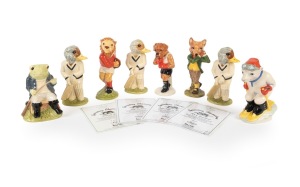 ROYAL DOULTON CERAMIC FIGURINES: A group of 1990s limited-edition anthropomorphised sporting animal characters, comprising SC1 "Fly Fishing", SC2 rugby "Last Lion of Defence", SC3 boxing "It's a Knockout", SC4 skiing "Sloping Off", SC5 golf "A Round with Foxy", and SC6 cricket "Out for a Duck" (3); the tallest 15cm, four CoAs present. (8 items)