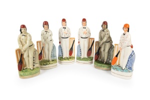 STAFFORDSHIRE-STYLE CERAMIC CRICKET FIGURINES: Six different examples of the iconic George Parr (4) and Julius Caesar (2) figurines, all approx. 25cm tall. (6 items)