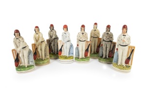 STAFFORDSHIRE-STYLE CERAMIC CRICKET FIGURINES: Four different early sets of the iconic George Parr/Julius Caesar batter/bowler pair, all approx. 25cm tall. (8 items)