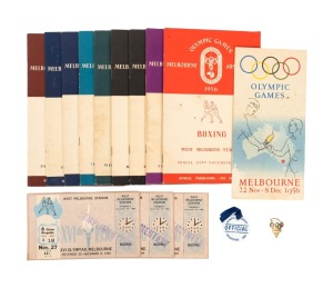 MELBOURNE OLYMPICS - BOXING: Group of ephemera including nine official daily programmes (7 different days plus 2 duplicates) and three November 27th "COMPLIMENTARY" West Melbourne Stadium tickets, plus a 1956 Romanian team badge, and a plastic tag with text "Olympic Games - Melbourne 1956 - Official". (15 items)