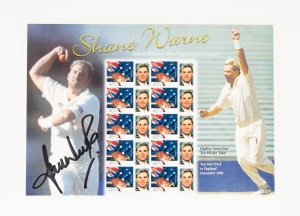 SHANE WARNE: 2001 Australia Post "Test Hat Trick vs England December 1994" souvenir 45c stamp sheet, signed by Warne in permanent marker.