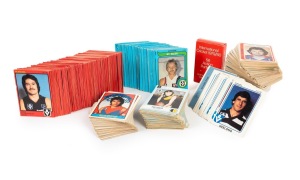 SCANLENS FOOTBALLERS: A group comprising 1977 part-set (68/132 plus 9 checklists and 14 duplicates), 1978 part-set (55/156 plus 5 checklists and 28 duplicates), 1979 part-set (97/156 plus 9 checklists and 33 duplicates), 1980 part-set (95/168 plus 10 checklists and 29 duplicates), 1981 part-set (22/168 plus 4 checklists and 6 duplicates), and 1982 part-set (144/180 plus 126 duplicates), together with Ardmona 1979/80 Cricket Action Portraits; mostly Fair/Very Good. (754 football cards)