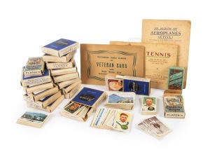 CIGARETTE CARDS: An accumulation consisting mostly of 1930s part-sets; brands include Churchmans, John Player, and W.D. & H.O. Wills; themes include sports, warfare, railways, motoring, royalty, and others; noted Churchman's 1938 "Boxing Personalities" set [50], Churchman's 1939 "Kings of Speed" #45 Jesse Owens, and John Player 1938 "Cricketers" #38 Don Bradman. (qty.)
