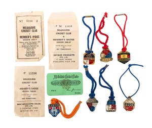MELBOURNE CRICKET CLUB: A collection of membership fobs, three with original paper packet, most with original lanyards, comprising seasons 76/77, 78/79, 80/81, 81/82, 83/84, 85/86, and 86/87, plus 1976/77 Lady's Ticket. (8 items)