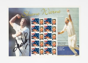 SHANE WARNE: 2001 Australia Post "Test Hat Trick vs England December 1994" souvenir 45c stamp sheet, signed by Warne in permanent marker.
