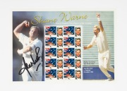 SHANE WARNE: 2001 Australia Post "Test Hat Trick vs England December 1994" souvenir 45c stamp sheet, signed by Warne in permanent marker.