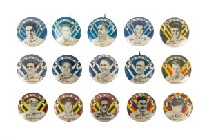 ARGUS CRICKET BADGES: Group of fifteen different "Australian 1950-51 Cricket Series" button badges, comprising N.S.W. (4), South Australia (2), Queensland (3), Tasmania (2), and Victoria (4).