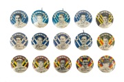 ARGUS CRICKET BADGES: Group of fifteen different "Australian 1950-51 Cricket Series" button badges, comprising N.S.W. (4), South Australia (2), Queensland (3), Tasmania (2), and Victoria (4).