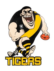 RICHMOND TIGERS - LIKELY WEG: A rare c. 1970s masonite point of sale shop display depicting a burly Tigers player on-field with VFL logo guernsey; height 78.5cm.