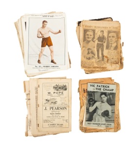 An accumulation of mostly Australian 1920s-30s boxing ephemera, including a "Vic Patrick - The Champ" Daily Telegraph Sports Book, signed to the inside cover by Vic Patrick. (qty.)