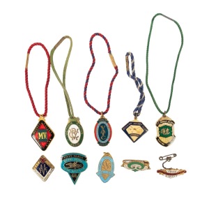MEMBERSHIP PINS/FOBS: A diverse group (mostly horse racing), including noted 1926-27 and 1929-30 Australian Jockey Club, 1963-64 Victoria Amateur Turf Club, 1955-56 Melbourne Cricket Club, and others. (10 items)
