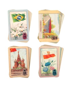COLES SWAP CARDS: A group of 1956 Olympics part-sets, comprising Series 1 Large Flags [22/28 plus 2 duplicates], Series 2 Small Flags [9/28], and Series 3 Events & Venues [13/28], plus four different 1956 Olympics playing cards. (50 items)