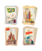 COLES SWAP CARDS: A group of 1956 Olympics part-sets, comprising Series 1 Large Flags [22/28 plus 2 duplicates], Series 2 Small Flags [9/28], and Series 3 Events & Venues [13/28], plus four different 1956 Olympics playing cards. (50 items)