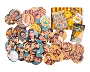 HAWTHORN: Group mostly consisting of tin badges, including sixteen 1980s-types (Dermott Brereton, Leigh Mathews, Michael Tuck, Gary Ayres, and others) and fourteen 1990s-types (John Platten, Jason Dunstall, and others). (45 items)