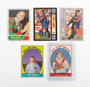 SCANLANS: Reg Gasnier (#14) 1968 Series 1; Ron Coote (#30) 1968 Series 1; Ron Coote (#21) 1969 Series; together with two Andrew Johns cards. (5 items).