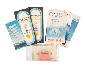 A group of 1956 Melbourne Olympics ephemera comprising event tickets (various) for the Exhibition Building (6), the Olympic Park Swimming Stadium (6), the West Melbourne Stadium (3), and the Main Stadium (3), two different Olympic Village visitor's passes (Fiji Olympic Team guest), pamphlets and guides (8), and three others. (31 items)