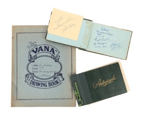 1950s SPORTS AUTOGRAPHS: A collection of 140+ autographs in three albums, as constituted by Australian musician Ian Grattidge as a child; signatories include Don Bradman (2), Walter Lindrum (2), Bill Ponsford, Lindsay Hassett, Hubert Opperman (2), Ossie Pickworth (golf), Scobie Breasley (horseracing), and many others; also some entertainers (Bob Dyer, Smoky Dawson) and other public figures.