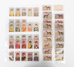 A group of cigarette cards comprising 1907 Sniders & Abrahams "Australian Racehorses" part-set [37/57] plus 1 duplicate, 1908 Sniders & Abrahams "Australian Jockeys" part-set [11/61], and 1921 Magpie "Australian Jockeys" Series A part-set [18/30]; mixed condition. (67 items)