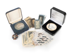 Diverse group comprising two medallions in jewellery boxes (both ex. Alan Davidson, both being engraved with his name), an attractive early 20th century Australian sterling silver cycling medal, and thirty-one cricket or football cigarette cards (Allen's, Wills's, Hoadley's, Capstan, Standard) in mixed condition. (qty.)