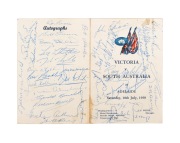 VICTORIA v SOUTH AUSTRALIA: An official itinerary from the interstate match that took place in Adelaide on Saturday July 18th in 1959, featuring no fewer than thirty-six signatures of those who took part, including Ron Barassi, Ron Hovey, Verdun Howell, D