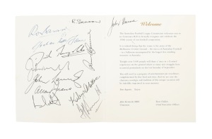 An autographed menu/programme from the Tuesday 16th April 1996 AFL Centenary Ball; twelve signatures are present on the inside cover, including those of Ron Barassi, Graham "Polly" Farmer, Allan Jeans, Dick Reynolds, and Prime Minister John Howard, who attended as a guest and delivered an address to the crowd of over 3,000 people; dimensions 19 x 16cm.
