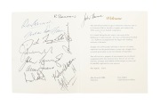 An autographed menu/programme from the Tuesday 16th April 1996 AFL Centenary Ball; twelve signatures are present on the inside cover, including those of Ron Barassi, Graham "Polly" Farmer, Allan Jeans, Dick Reynolds, and Prime Minister John Howard, who at