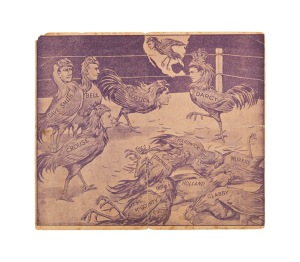 LES DARCY: 1916 fight card for Baker's Stadium in Rushcutters Bay, listing upcoming fights versus Costica, Crouse, Smith, Bell, Clabby, and McGoorty, with cockfighting caricature illustration on reverse; 14.5 x 16.5cm.