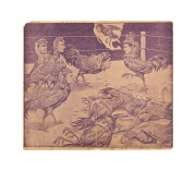 LES DARCY: 1916 fight card for Baker's Stadium in Rushcutters Bay, listing upcoming fights versus Costica, Crouse, Smith, Bell, Clabby, and McGoorty, with cockfighting caricature illustration on reverse; 14.5 x 16.5cm.