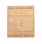 LES DARCY: 1916 fight card for Baker's Stadium in Rushcutters Bay, listing upcoming fights versus Costica, Crouse, Smith, Bell, Clabby, and McGoorty, with cockfighting caricature illustration on reverse; 14.5 x 16.5cm. - 2