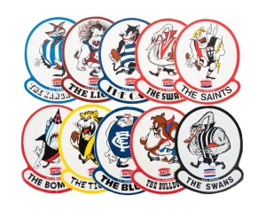 1974 AMPOL stickers/decals for Carlton, Essendon, Fitzroy, Footscray, Geelong, North Melbourne, Richmond, Saint Kilda, South Melbourne, plus the Swan Districts (W.A.) affixed to card. (10 items).