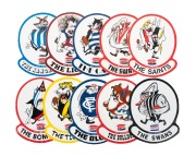 1974 AMPOL stickers/decals for Carlton, Essendon, Fitzroy, Footscray, Geelong, North Melbourne, Richmond, Saint Kilda, South Melbourne, plus the Swan Districts (W.A.) affixed to card. (10 items).